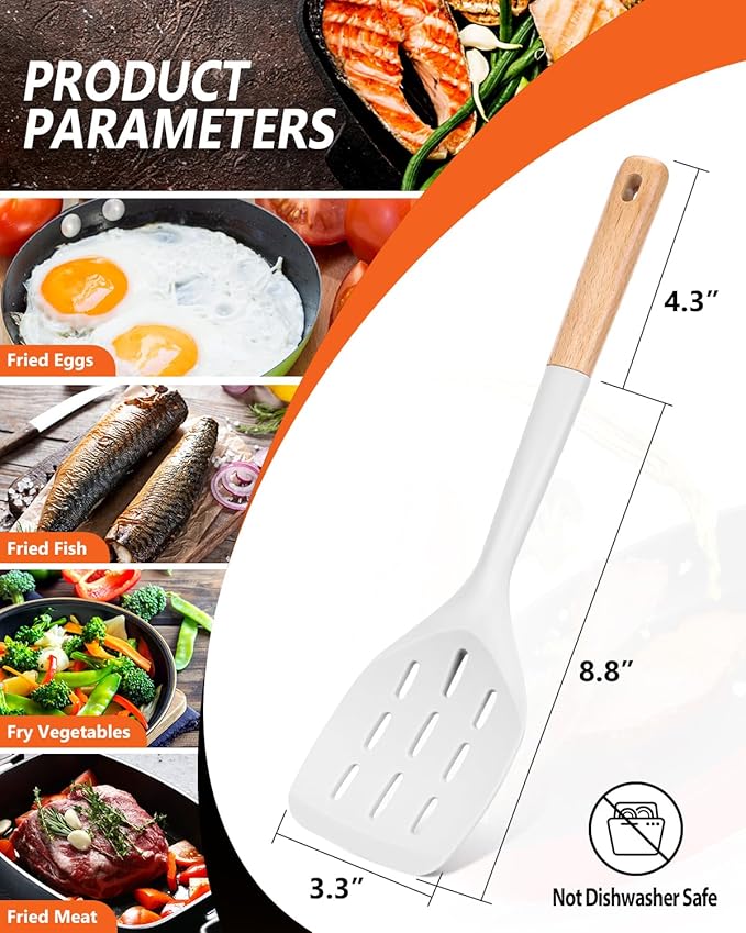 Pack of 2 Silicone Spatula, Non Stick Cooking Utensil Set Wooden Handle Kitchen Turner for Baking Mixing Grilling Serving Food Heat Resistant Non Scratch Hooks Included (White)
