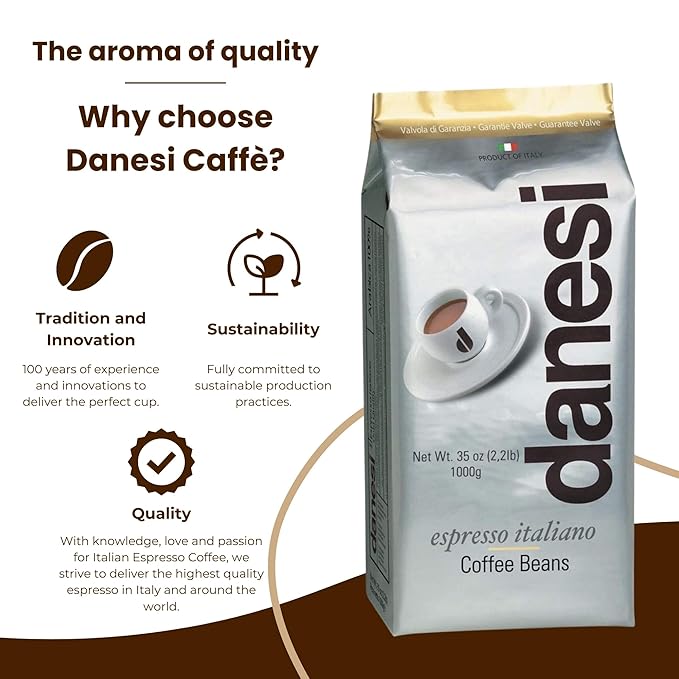 Danesi Caffe Italian Whole Coffee Beans - Espresso Coffee Beans and Medium Roast Whole Bean - Perfect for Espresso Machines, French Press, and Home Brewing - Gold (6.6 lb)