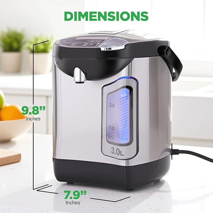 NutriChefKitchen Electric Water Boiler and Warmer - 3L/3.17 Qt Stainless Steel Electric Hot Water Dispenser w/Rotating Base, Auto Shut Off, Safety Lock, Instant Heating for Coffee & Tea (NCHUB13)