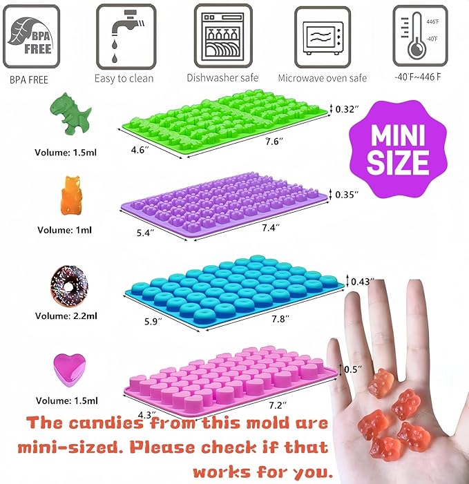 Mini Silicone Gummy Bear Molds (0.7 Inch Bite-Sized) - Non-Stick Chocolate & Candy Mold for Kids, Includes Dinosaur, Bear, Hearts & Donut Shapes (201 Cavities) - 4 Pieces + 3 Droppers By ENBRWAS