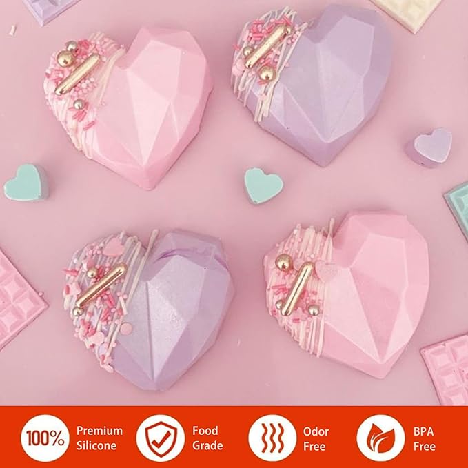 Heart Silicone Molds, AITRAI 2 Pack 3D Diamond Heart Chocolate Molds Soap Mold for Soap Making Silicone Cake Molds Mousse Mold, Gift for Birthday Wedding