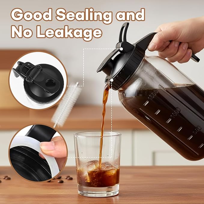 64oz Mason Jar Cold Brew Coffee Pitcher with Stainless Steel Filter & Pour Spout Lid – Airtight Glass Iced Coffee Maker for Tea, Lemonade, Juice – Easy Clean & BPA-Free (1.9L)