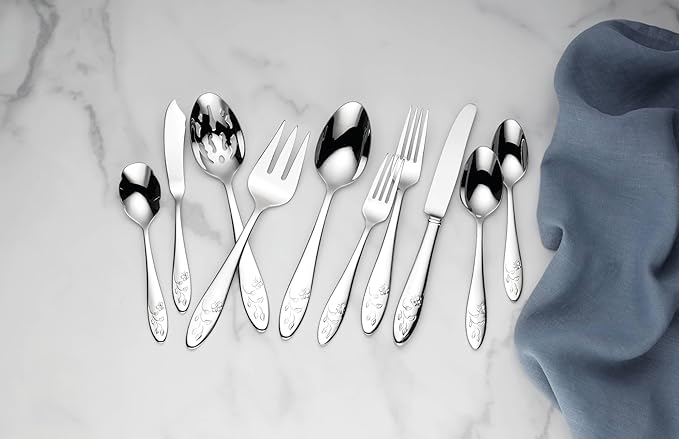 Lenox Silverware Set For 12, Butterfly Meadow 65-Piece Flatware Set, Service For 12, 18/10 Stainless Steel, Dishwasher Safe, Butterfly and Flower Motif, Includes Serving Utensils (Silver, 65 Piece)