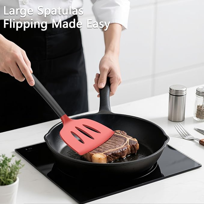 Coukre 3 Pack Silicone Spatula Set, High Heat Resistant, BPA-Free, Fish Spatula, Solid & Slotted Turner for Non-Stick Pans, Flipping Eggs, Pancakes, Fish, Burgers (3, RedBlack)