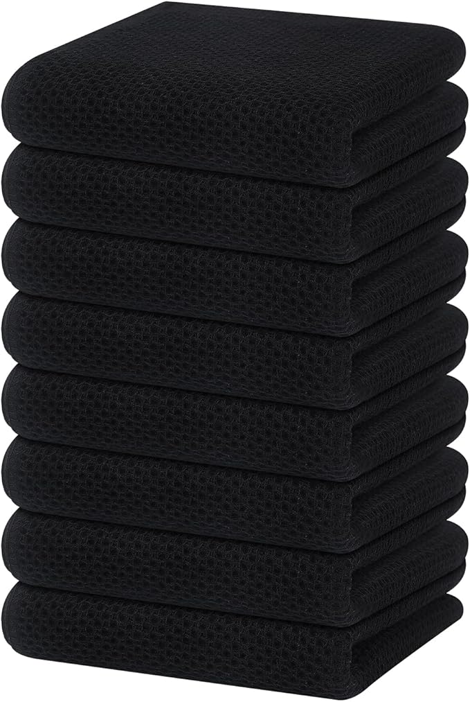 Homaxy 100% Cotton Waffle Weave Kitchen Dish Towels, Ultra Soft Absorbent Quick Drying Cleaning Towel, 13 x 28 Inches, 8-Pack, Black