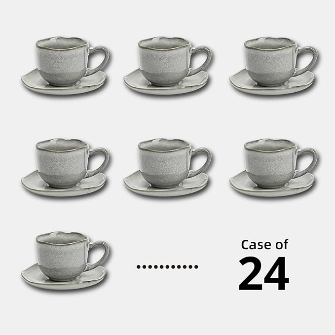 Organic Shape Restaurant 8oz Coffee Cup and Saucer, Commerical Grade Catering Stoneware Cups and Saucers in Ir-regular Organic Shape, Chip & Scratch Resistant, Glossy Reactive Glaze Grey, Case of 24
