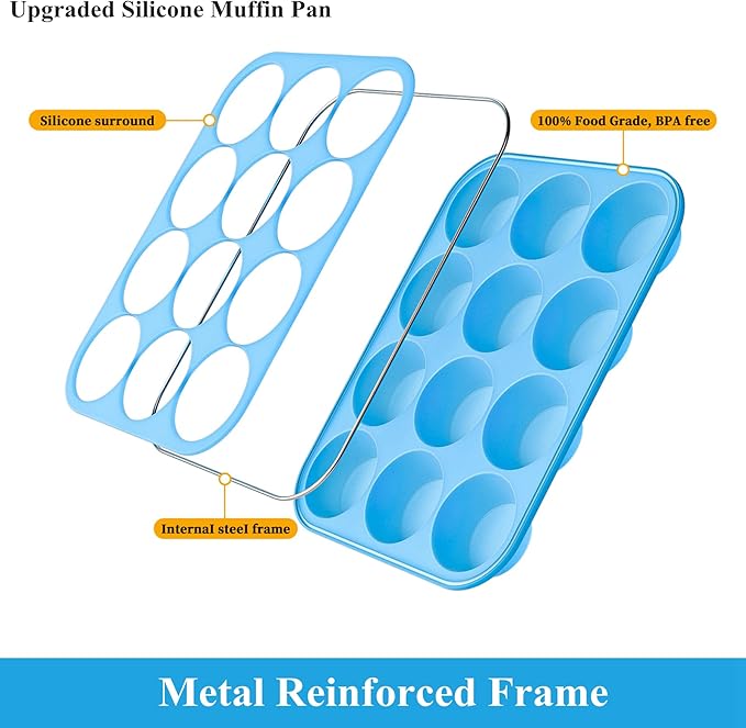 Bangp 12-Cup Silicone Muffin Pan with Metal Reinforced Frame,2 Pack Regular Size Cupcake Pan,Premium Non-Stick Bend Resistance Silicone Molds for Making Muffin,Cakes,Tart,Egg Bites (Blue)