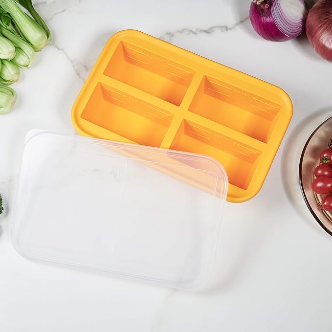 Bangp Silicone Freezer Tray for Soup Ice Cubes,1-Cup Freezing Tray with Lid for Meal Prep,Rice,Broth,Sauce,Leftovers. Makes 4 Perfect 1 Cup Portions. Oven & Dishwasher-Safe