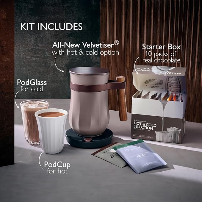 Hot & Cold Drinking Chocolate System - The ALL-NEW Velvetiser from Hotel Chocolat - Kit includes hot chocolate maker with US Power Supply, 10 serving taster box, 1 mug and 1 glass - Pebble Edition