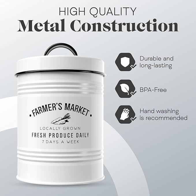 Amici Home Farmers Market Metal Canister | Dry Food Storage Container | Airtight Lid | 76 Ounce Capacity | Farmhouse Décor | Metal Canister for Kitchen Countertop