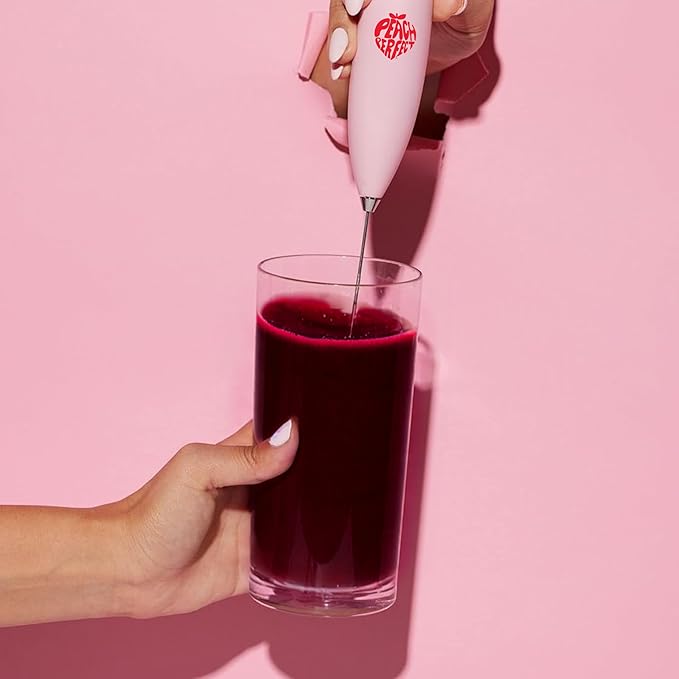 Peach Perfect Milk Frother Handheld, Electric Drink Mixer for Coffee, Lattes, Powdered Supplements, Battery Operated (AA) Stainless Steel Frother Wand, 300W, Easy On/Off Switch, Stand Included, Pink