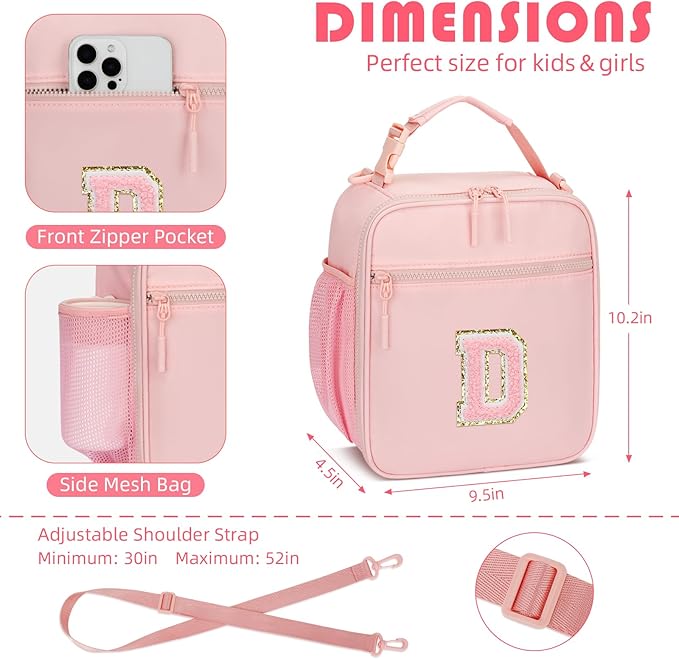 Initial Insulated Lunch Bag for Girls Kids, Back to School Gift, Reusable Leak-proof Lunch Box with Adjustable Strap for School Daycare Travel Picnic (Pink,D)