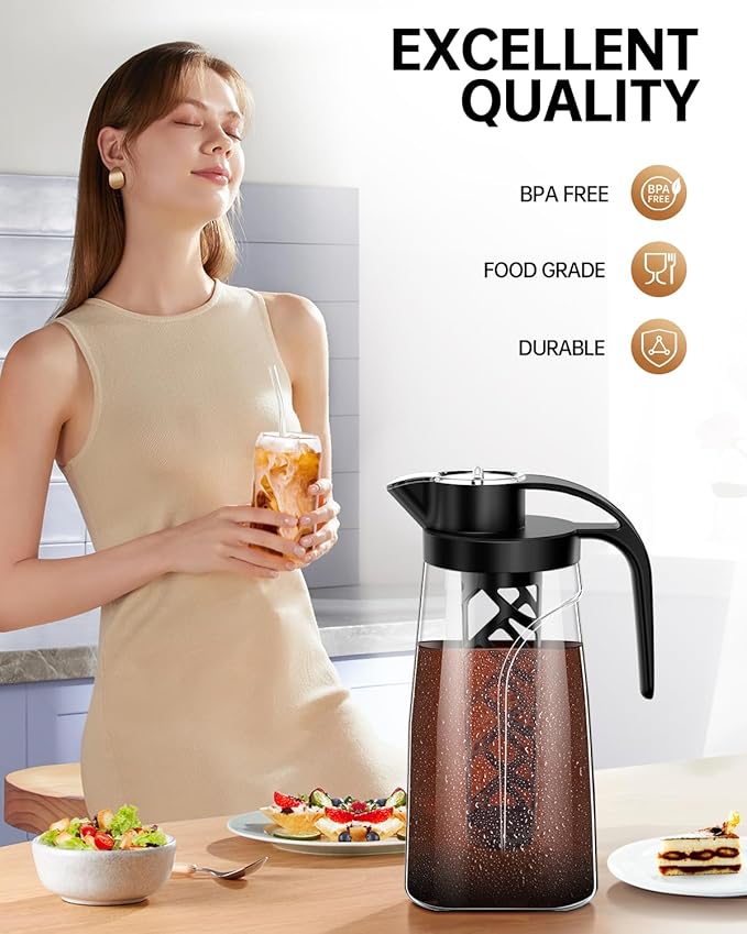 Cold Brew Coffee Maker, 70 oz (2100 ml) BPA Free Tritan Pitcher, Iced Coffee Maker and Tea Brewer, 100% Leak-Proof, Easy to Clean Reusable Mesh Filter, Black