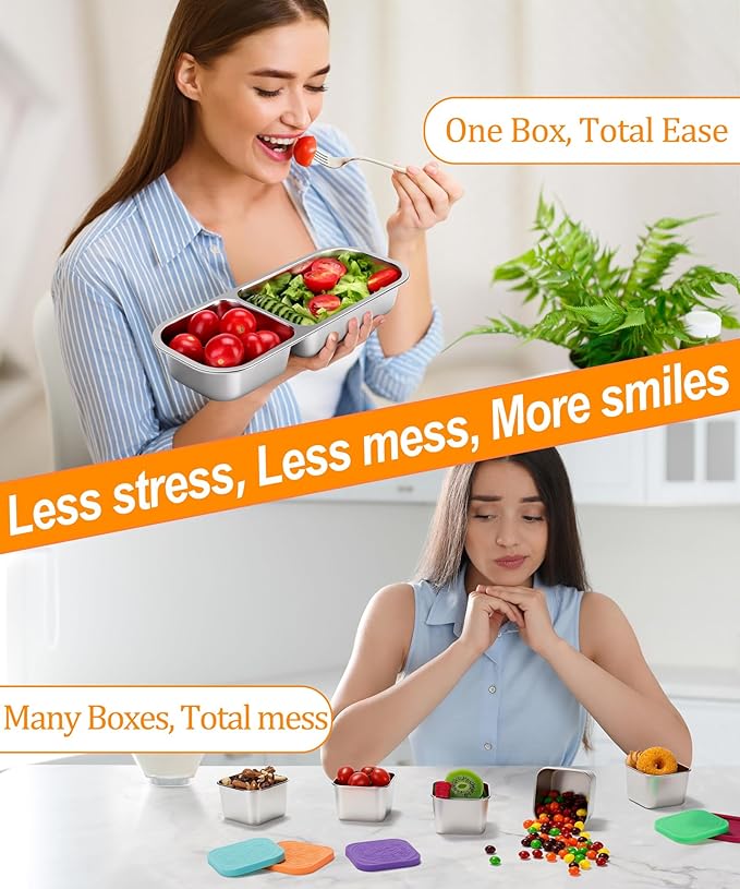 3 Pack Stainless Steel Snack Containers for Kids & Adults - Leek Proof Metal Bento Lunch Box with 2 Compartment - Lunchable Containers for Daycare, School, Work, Travel - Stackable Snack Bento Box