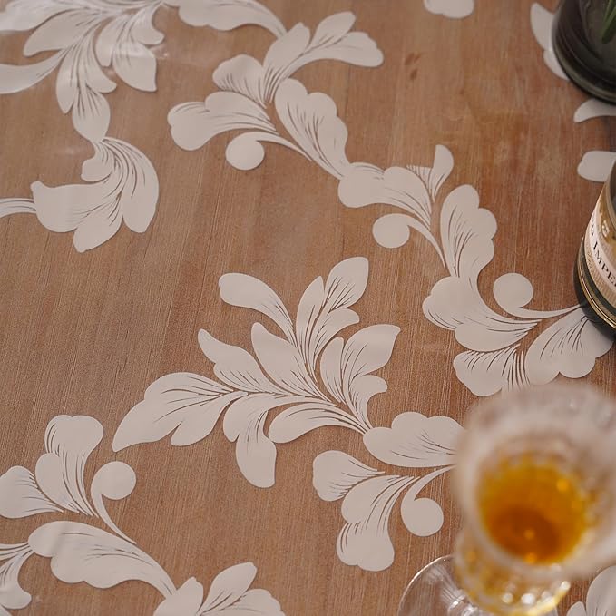 Vinyl Table Cloth Rectangle Clear Table Cover Protector with Block Printed Pattern Oil Spill Proof Farmhouse Rustic Plastic Table Covers for Dining Tables (Scroll Grass, 55 x 84 Inches)