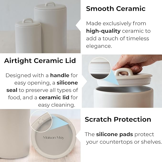 Ceramic Food Storage Jars, 108 Oz, Airtight Lid Handle, Kitchen Canisters for Grounds Coffee, Coffee Pods, Tea, Flour, Sugar, Rice, Pantry Organization or Kitchen Countertop Containers set
