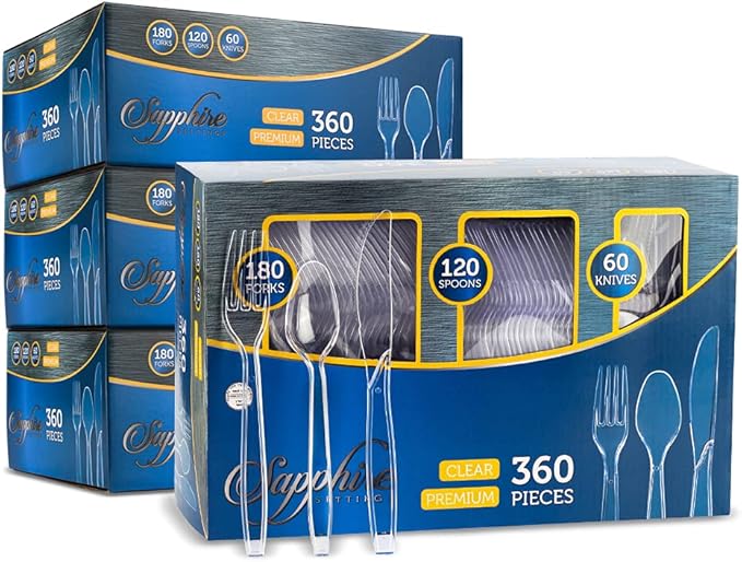 Party Bargains Disposable Cutlery set, SAPPHIRE Design, Clear Color, 1,440 Pieces: 720 Forks,480 Spoons, 240 Knives