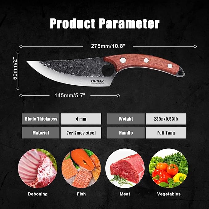 Huusk Viking Japanese Meat Cleaver, Forged Boning Knife With Sheath, High Carbon Steel Japan Butcher Fillet for Kitchen, Camping