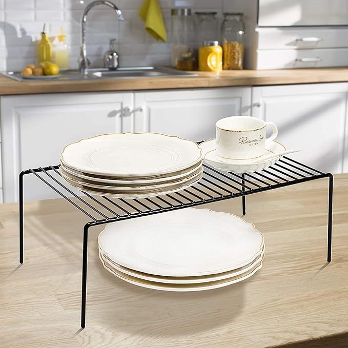 Kitchen Cabinet Organizer Shelf Rack Set of 2, Medium (13 x 9.4 inch) Metal Freezer Organizer Wire Shelves, Plate Dish Storage Rack for Cabinets, Counter, Cupboard, Pantry Organization, Black