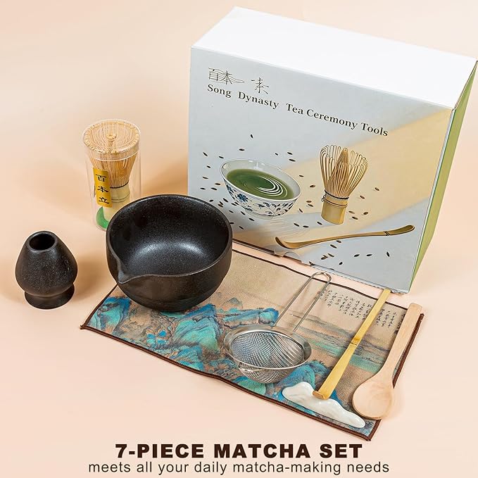 Matcha Set 7-Piece Tea Set with Brush, Bowl, Whisk, Strainer, Chasen, for Matcha Tea Ceremony (Black)