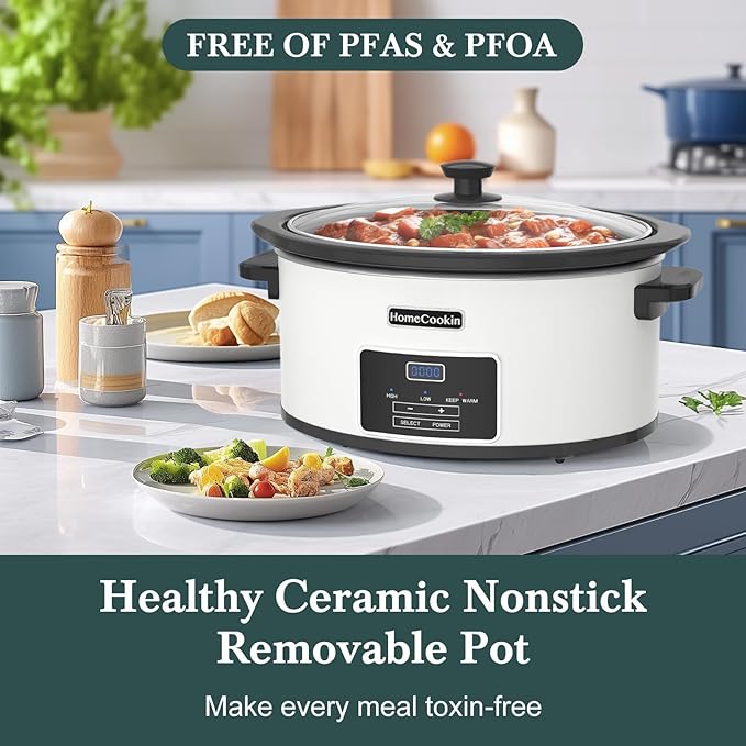 7-Quart Programmable Slow Cooker with Timer Keep Warm - Small Kitchen Appliance for Family Dinners - Serves 6+ People - Heat Settings: Keep Warm(White, Black Liner)