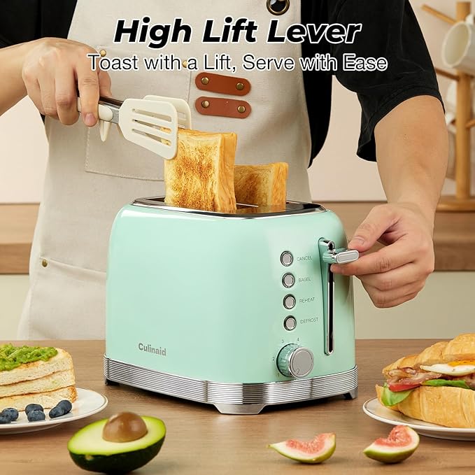 Toaster 2 Slice Retro Stainless Steel with 1.5” Extra Wide Slots Bagel, Defrost, Reheat, Cancel Functions, 6 Bread Shade Settings, Removable Crumb Tray, Aqua Green