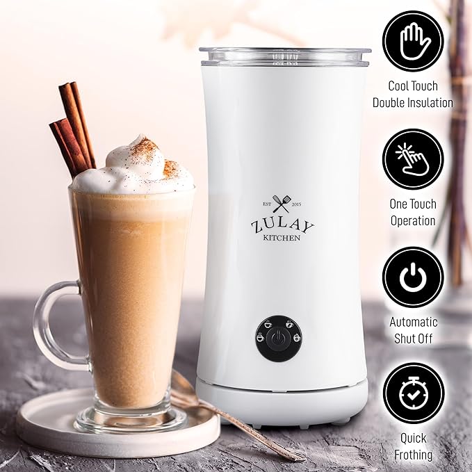 Zulay 4-in-1 Milk Frother and Steamer - Automatic Hot and Cold Foam Maker with Auto Shut Off & Temperature Control for Coffee, Latte, Cappuccino, Hot Chocolate - White