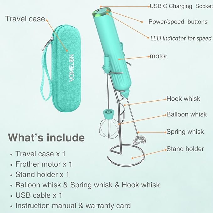 Milk Frother Handheld with 3 Stainless Steel Whisks, Rechargeable Electric Drink Mixer with Stand & Travel Case, Milk Foamer for Coffee, Latte, Cappuccino, Hot Chocolate, Egg,Jam Supplement-Mint