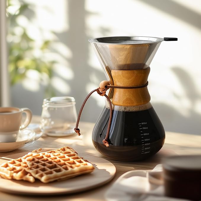 Pour Over Coffee Maker 27 OZ, 8 Cup Borosilicate Glass Drip Coffee Maker with Reusable Stainless Steel Filter and Cork Grip for Home Café 800 ML