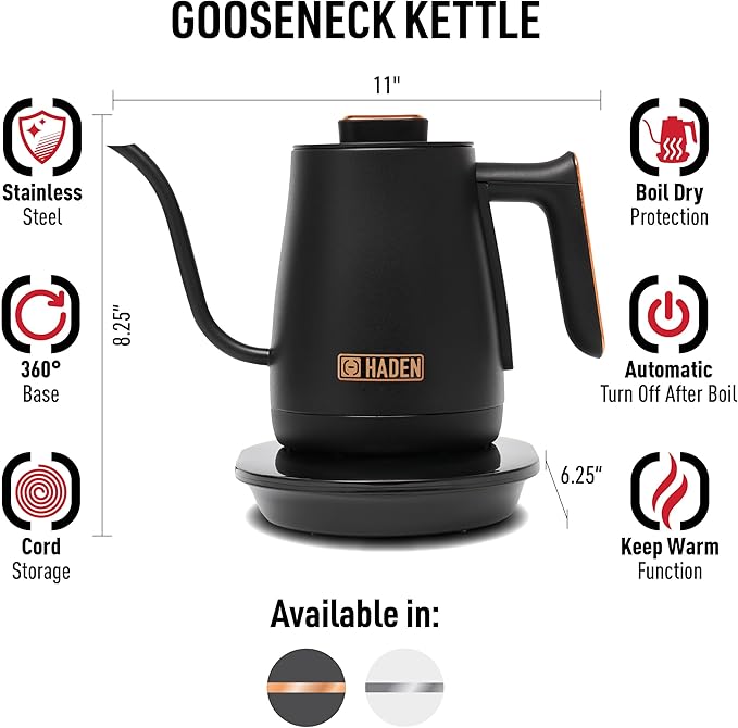 Haden Electric Tea Kettle, Gooseneck Hot Water Boiler, 0.6L Teapot, Black/Copper
