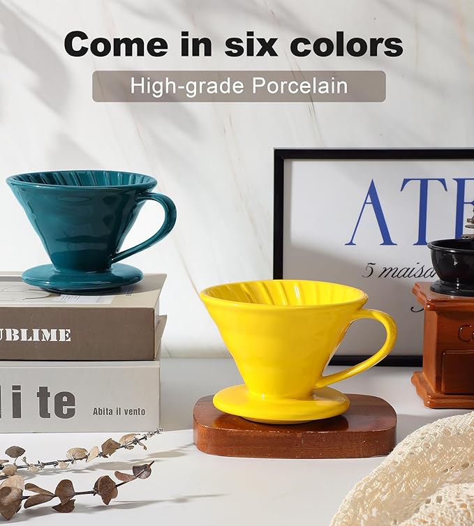 Pour Over Coffee Dripper - Ceramic Pour Over Coffee Maker Cone, Porcelain Coffee Drip, Pour Over Single Cup, Manual Brew Maker for Home, Cafe, Office - 1-4Cup, V60 Size 02 (Yellow)