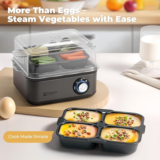 Annie & Mia Design Electric Egg Cooker, Stainless Steel 8 Egg Capacity egg boiler, 500W, Hard, Medium, Soft Boiled Egg Poacher, egg steamer, Multi-function, Knob Auto Shut-Off Function (Black)