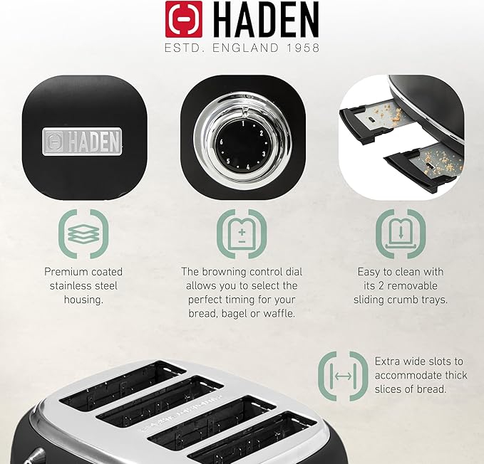 Haden Heritage 4 Slice Wide Slot Stainless Steel Toaster Bundled with 12 Cup Programmable Drip Coffee Maker Coffee Machine, Black & Chrome