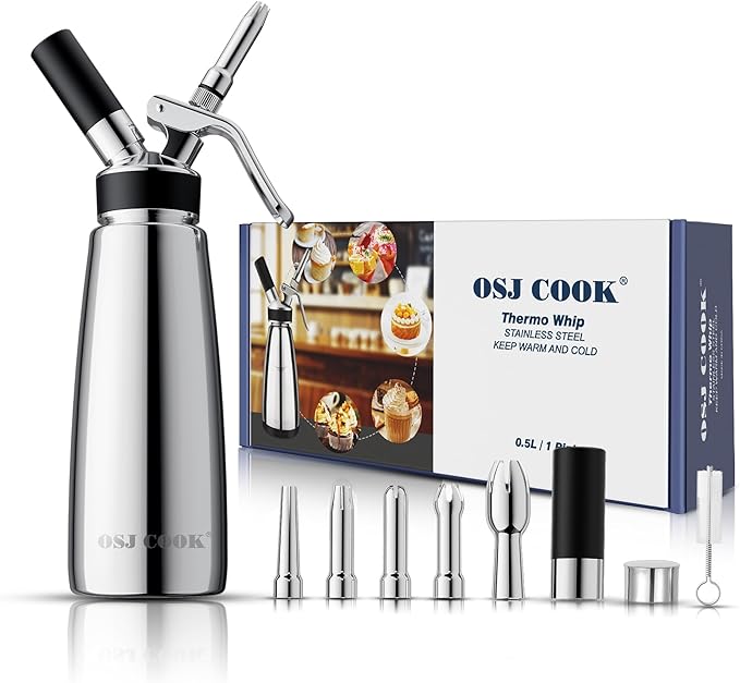 OSJCOOK Whipped Cream Dispenser Stainless Steel Cream Whipper Mirror Finish,500 mL/1 Pint Professional Cream Maker,5 Various Stainless Decorating Nozzles,1 Cleaning Brush,N2O Chargers NOT included