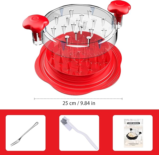 Chicken Shredder Large Chicken Breast Shredder Tool Twist with Brush&Fork, Visible Meat Shredder Machine, Anti-Slip Strip, Ergonomic Handle, BPA Free, Suitable for Pork Beef Chicken(Red)