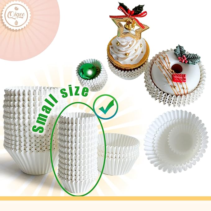 qiqee 600 Count Mini Cupcake Liners White Muffin Liners Food Grade Baking Cups Paper No Smells（Small Size）