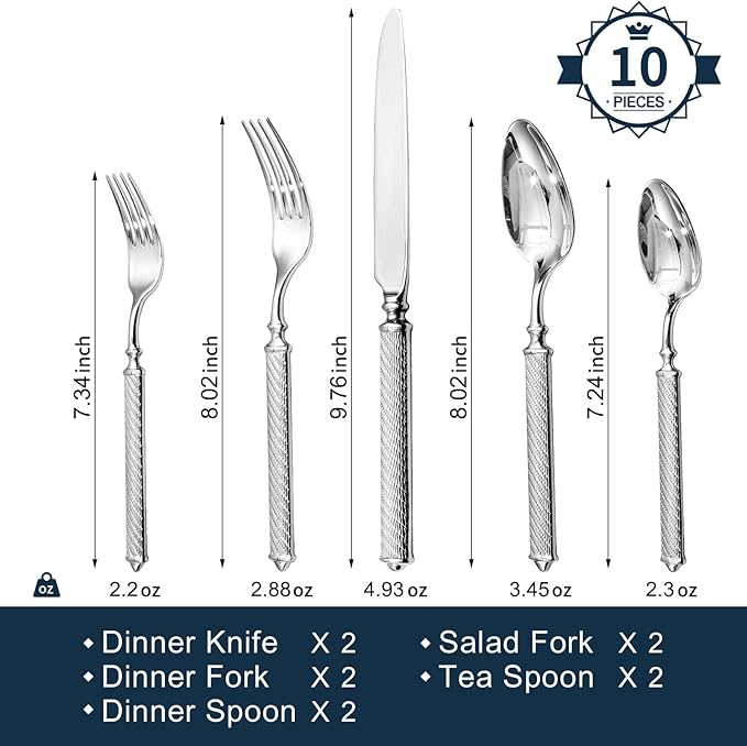 KINGSTONE Retro Rope-Pattern Silverware Set, 10-Piece Flatware Set Cutlery Set Forged with Handcrafted Texture Handles 18/10 Stainless Steel, Dishwasher Safe