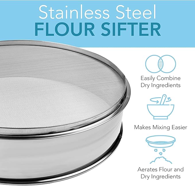 Stainless Steel Flour Sifter Fine Mesh Round Flour Sieve for Baking 12" Diameter x 2.5" High; 20 Mesh (Hole Size 0.85mm)