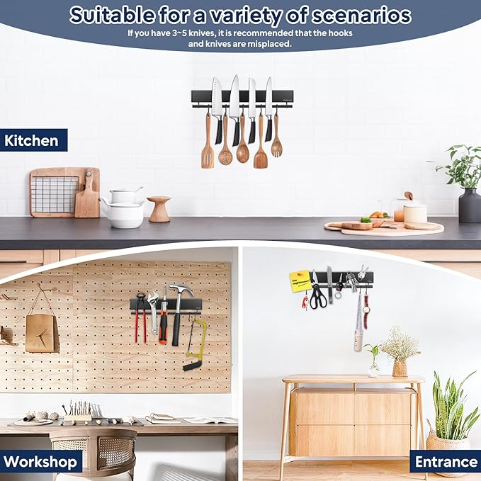 12 Inch Magnetic Knife Holder with 5 Hooks, No Drilling Black Magnetic Strip and Utensil Hanger for Wall