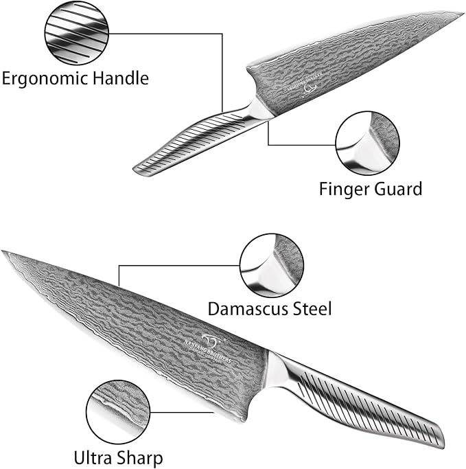 NANFANG BROTHERS® 16 Pieces Damascus Kitchen Knife Set, High Carbon Damascus Steel Chef Knife Set, Stainless Steel Ergonomic Handle for Chef, with Built-in Sharpening Rod