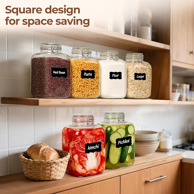 ComSaf Rice Container 152oz, Flour Sugar Storage Containers, Glass Jars with Airtight Lid, 1.17 Gallon Mason Jar, Large Storage Containers with Lids for Pickled Egg, Pasta, Cereal, Beans, Set of 2