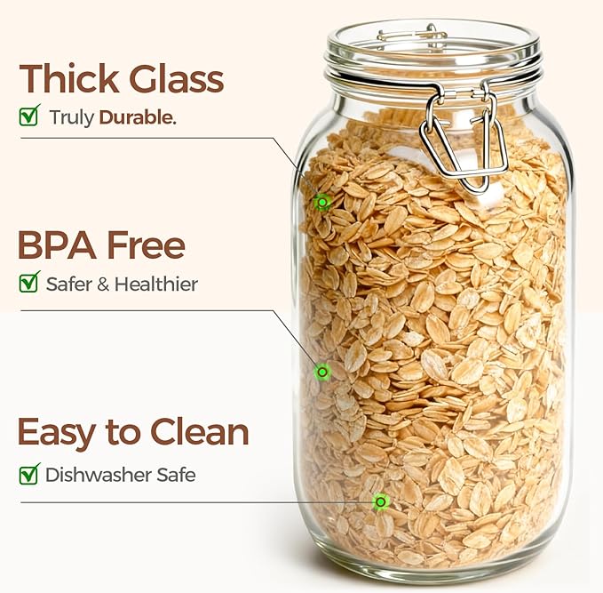 ComSaf Large Glass Jars with Lid 64 oz, Large Mason Jars Set of 3, Glass Canisters with Airtight Lids, Half Gallon Canning Jar with Seal Wire Clip Fastening for Kitchen, Pickle, Flour, Sugar, Cereal