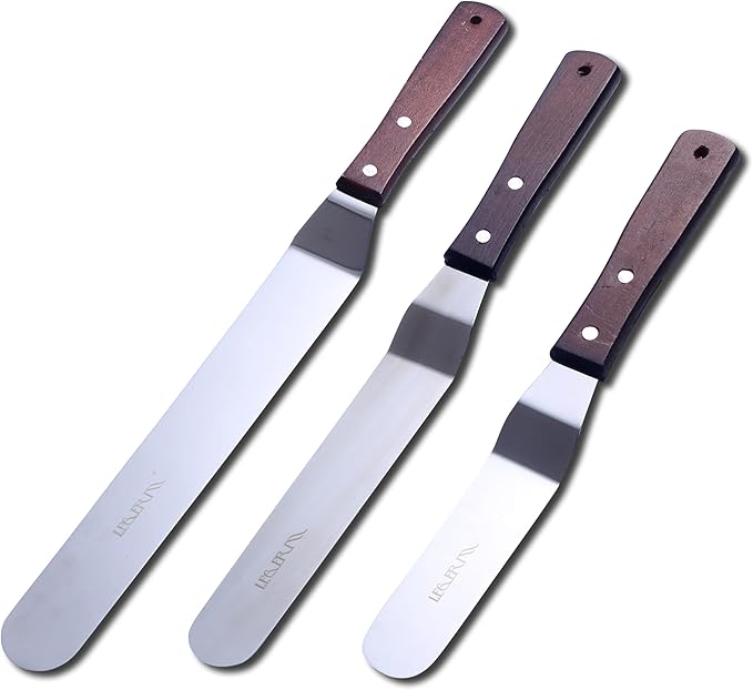 Cake Decorating Angled Icing Spatula Set of 6 8 & 10 Inch Wooden Handle Stainless Steel Offset Frosting Spatulas