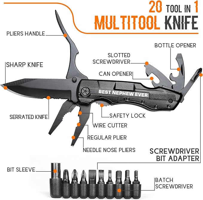 Nephew Gifts from Auntie, Multitool Knife, Gifts for Nephew, Nephew’s Christmas Practical Gift, Nephews Birthday Present, Gift for Camping, Hiking, Fishing, 20 in 1 Multitool