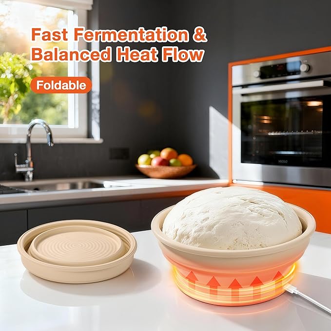Heating Sourdough Bread Proofing Basket Set, Electric Thermostatic Silicone Batter Bowl, 9 Inch Round Foldable Proofing Bowl, Sourdough Bread Baking Supplies