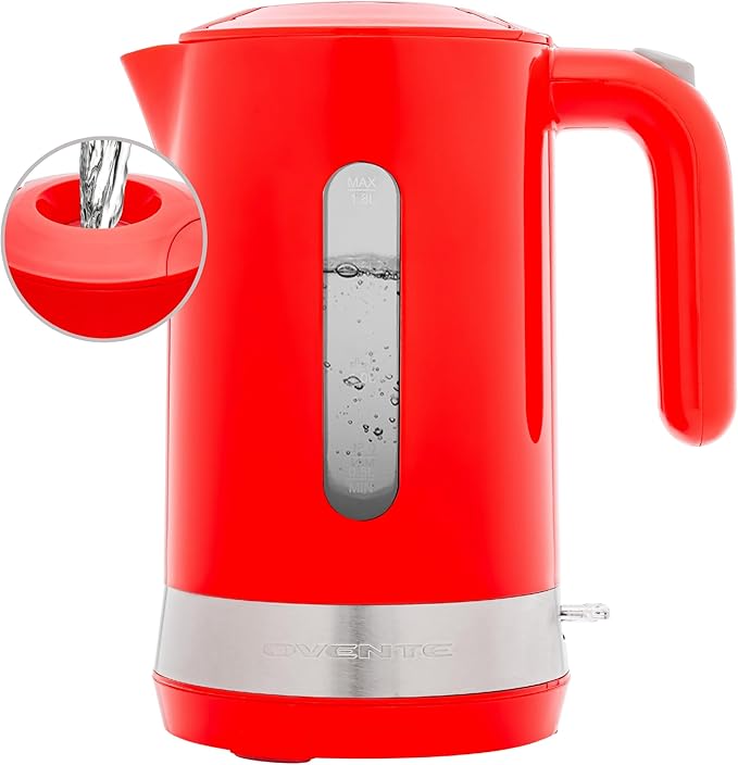 OVENTE 1.8L Electric Kettle, 1500W Fast Boiling Heater for Coffee or Tea, BPA Free, Easy to Fill Lid, Water Level Window, Auto Shut-Off, Boil-Dry Protection and Removable Filter, Red KP413R