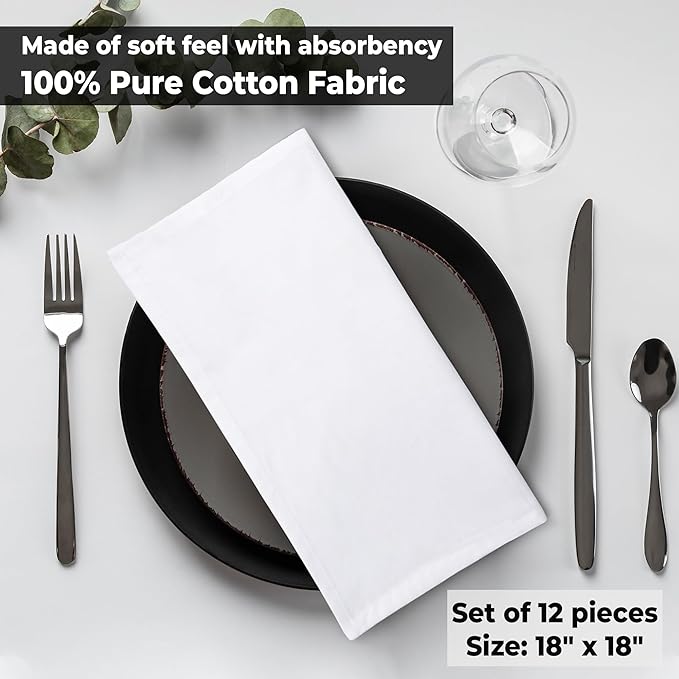 Urban Villa Cloth Napkins White Dinner Napkins Set of 12 (18X18 Inches) 100% Cotton Absorbent Washable Durable Reusable Cloth Napkins Ideal for Farmhouse Party Thanksgiving Harvest Fall Dinner Napkins
