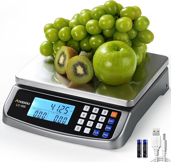 66lb Food Scale, Commercial Kitchen Scale with Price Computing, Plug-in Usable, 0.05oz/1g, 304 Stainless Steel, for Cooking, Vegetables, Farm, Industry, Counting. LC300 Grey