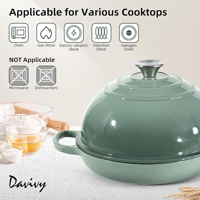 Davivy 5.5QT Cast Iron Sourdough Pan, 10" Round Dutch Oven for Bread, Enameled Cast Iron Dutch Oven for Sourdough Bread, Bread Baking Cloche, with Silicone Baking Mat - Sea Salt Green