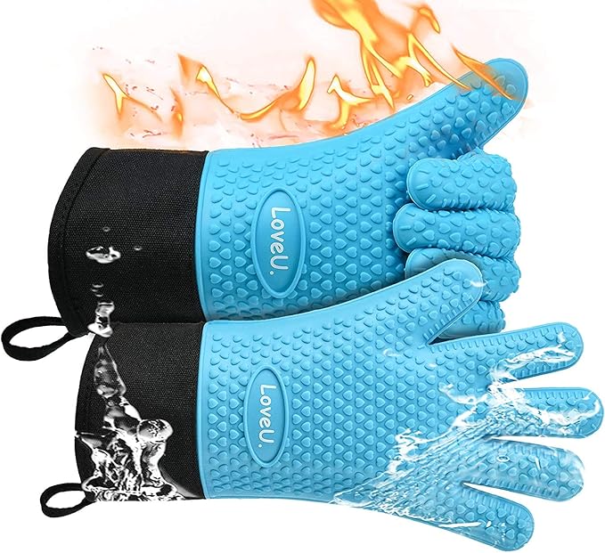 Kitchen Oven Gloves - Dual-Layer Heat Resistant Grilling Gloves, Silicone Oven Mitts with 5 Fingers, Waterproof Non-Slip Pot Holder for Barbecue, Cooking, Baking (Blue, Long)
